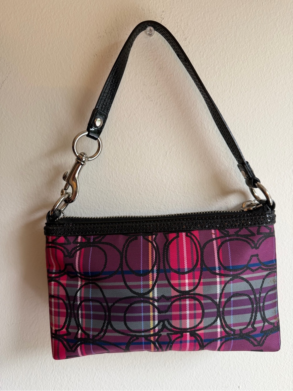 Coach Poppy Tartan Plaid Graffiti Wristlet Mini Bag Y2K Pink Purple - Picture 9 of 14
